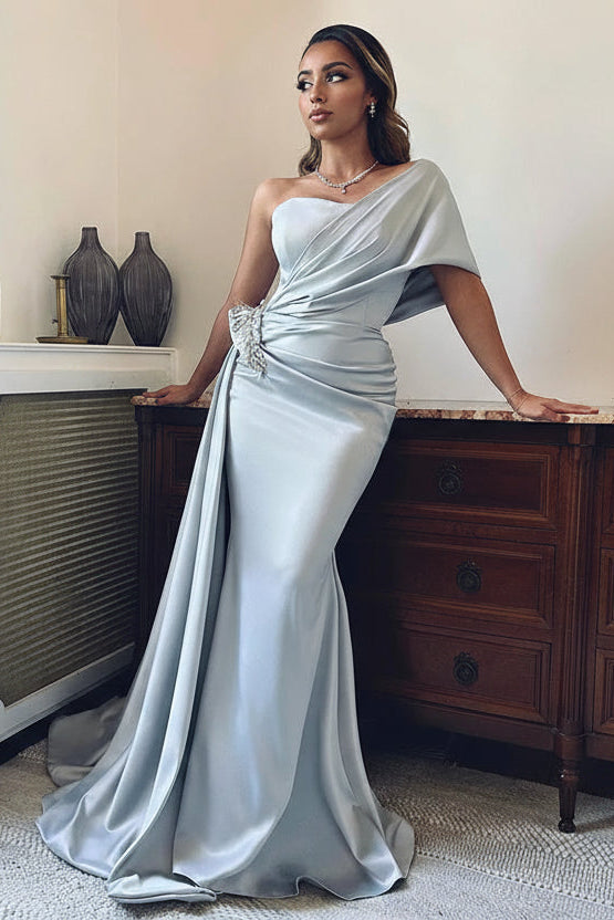 Luxe Satin Long Evening Dress Silver One-Shoulder Beaded-Accent for Women