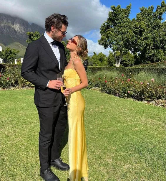 Luxe Satin Long Evening Dress Yellow Cutout V-Neck Spaghetti Sleeve for Women