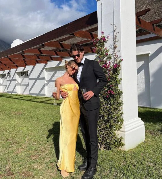 Luxe Satin Long Evening Dress Yellow Cutout V-Neck Spaghetti Sleeve for Women