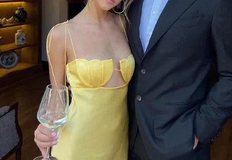 Luxe Satin Long Evening Dress Yellow Cutout V-Neck Spaghetti Sleeve for Women