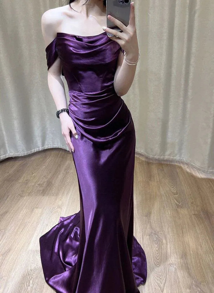 Luxe Satin Maxi Evening Dress Purple Off-Shoulder Sleeveless for Women