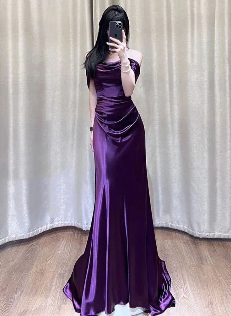 Luxe Satin Maxi Evening Dress Purple Off-Shoulder Sleeveless for Women