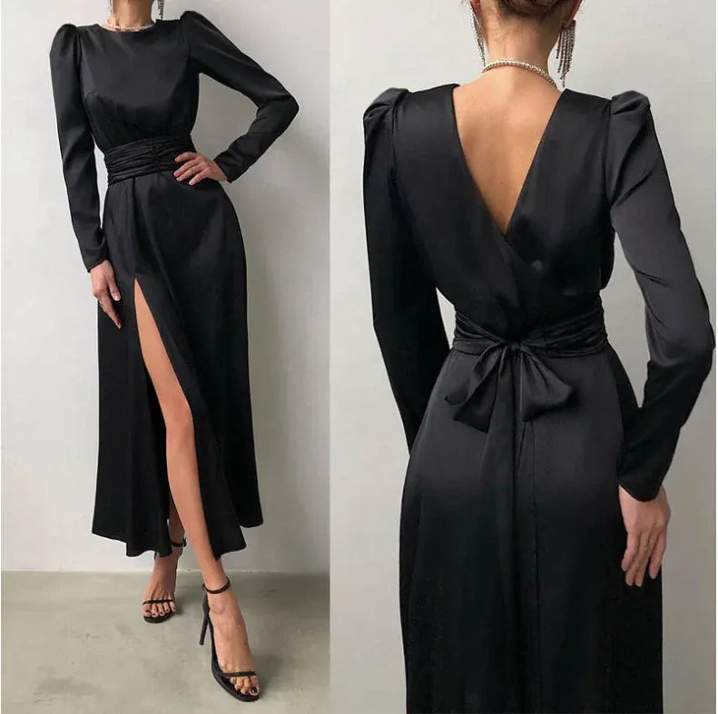 Luxe Satin Midi Evening Dress Black Crew Neck Long Sleeves for Women