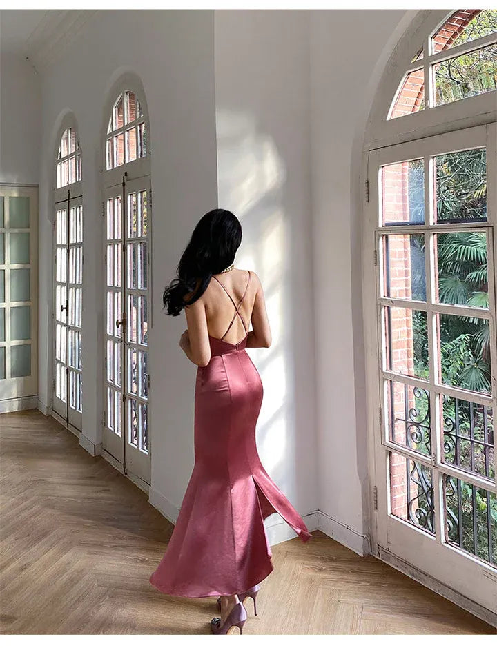 Luxe Satin Midi Evening Dress Dusty Rose V-Neck Crisscross Sleeve for Women