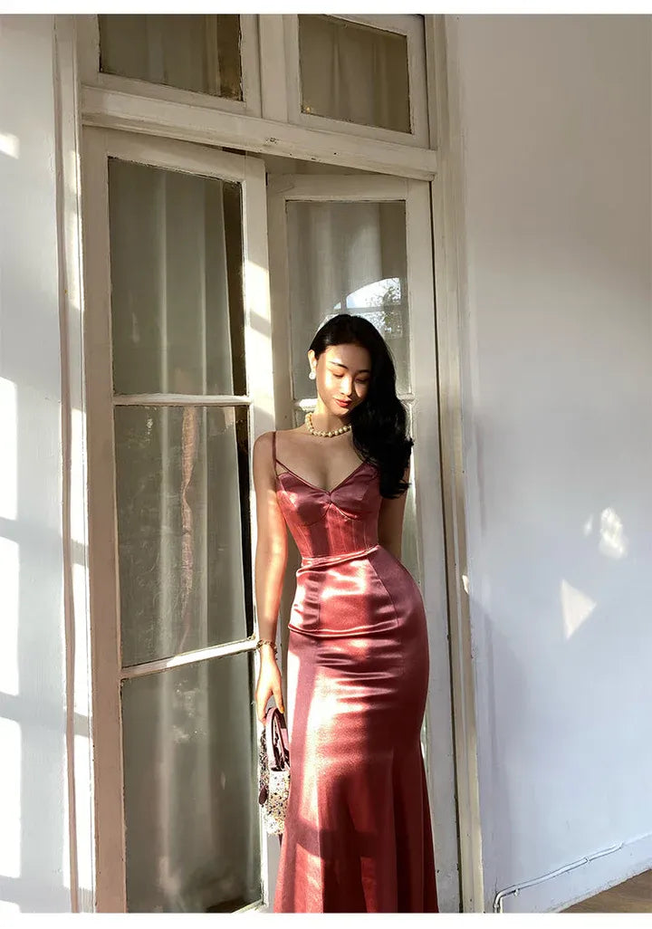 Luxe Satin Midi Evening Dress Dusty Rose V-Neck Crisscross Sleeve for Women