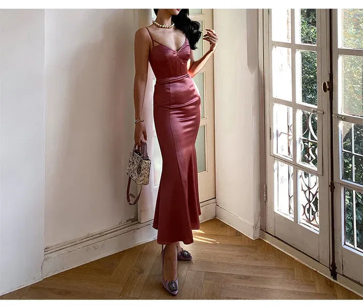 Luxe Satin Midi Evening Dress Dusty Rose V-Neck Crisscross Sleeve for Women