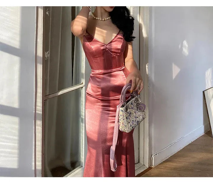 Luxe Satin Midi Evening Dress Dusty Rose V-Neck Crisscross Sleeve for Women