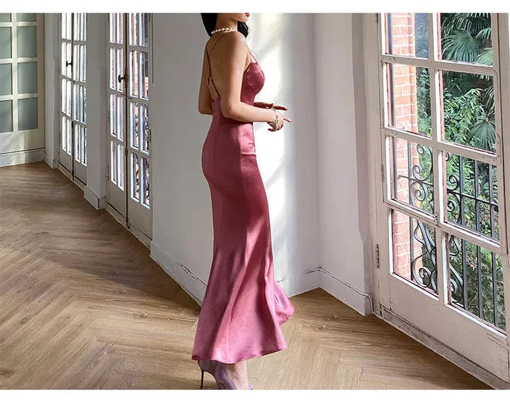 Luxe Satin Midi Evening Dress Dusty Rose V-Neck Crisscross Sleeve for Women