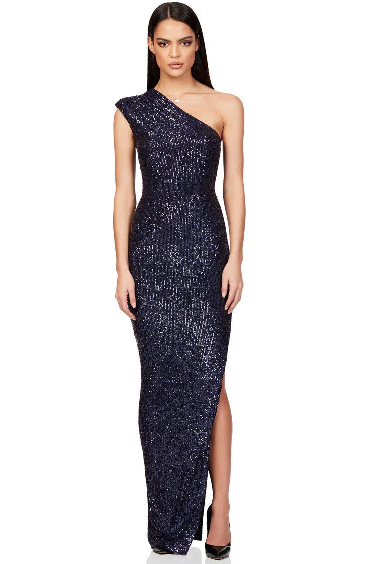 Luxe Sequin Floor-Length Evening Dress Navy One-Shoulder Sleeveless for Women