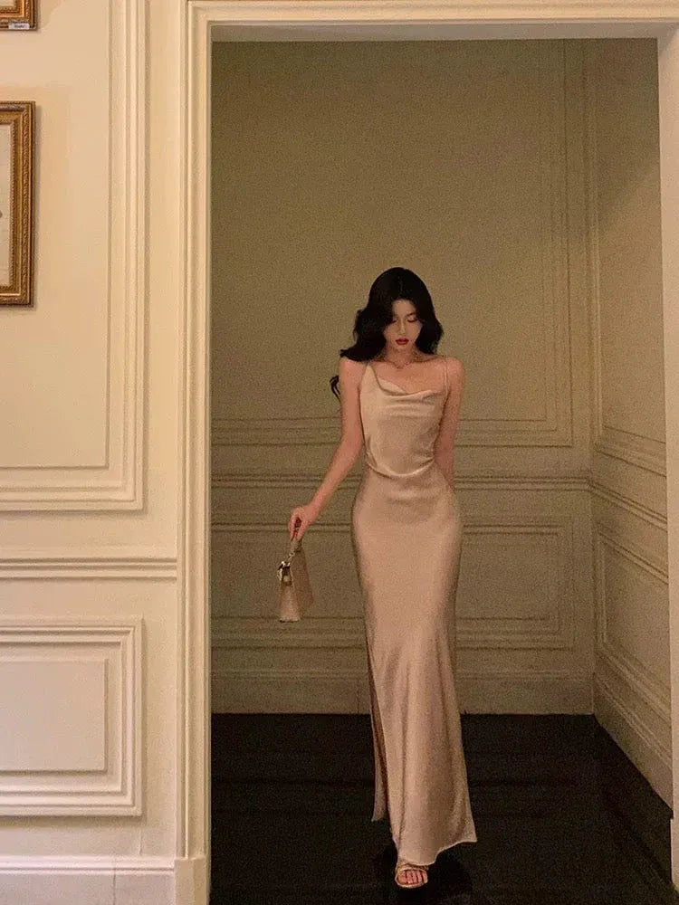Luxe Sheath Asymmetrical-Neck Sleeveless Satin Champagne Long Prom Dress for Women Ready to Ship