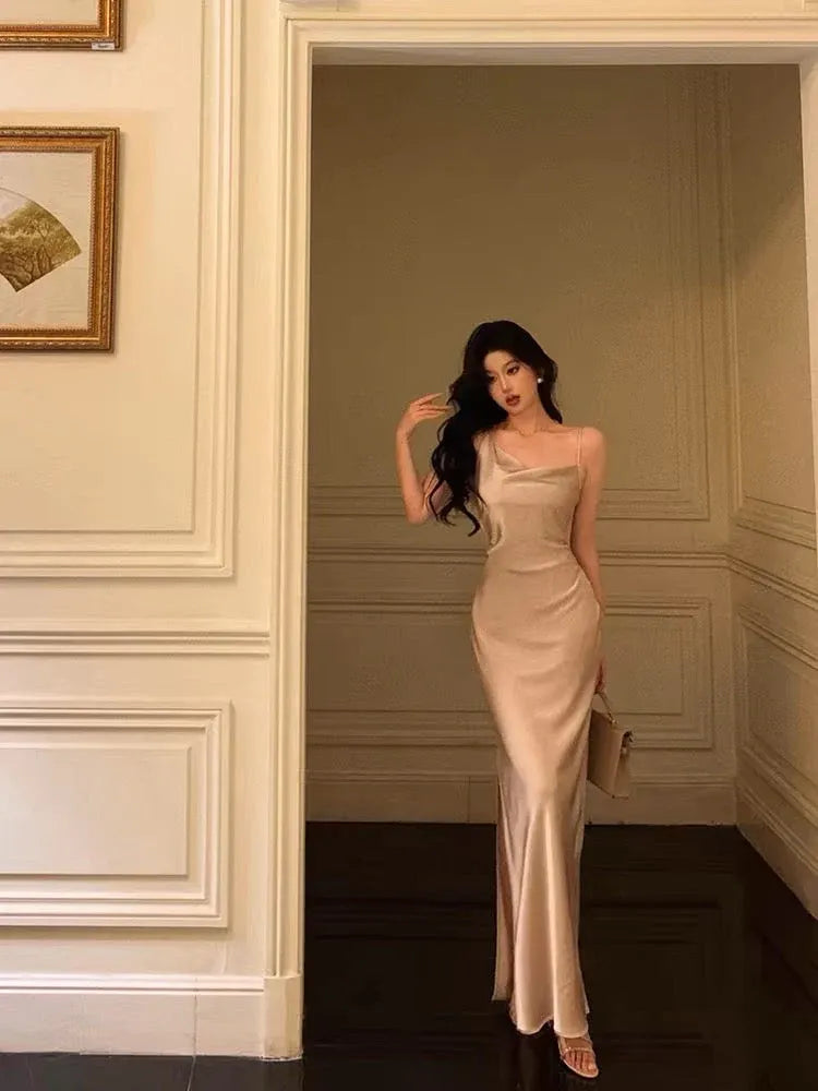 Luxe Sheath Asymmetrical-Neck Sleeveless Satin Champagne Long Prom Dress for Women Ready to Ship