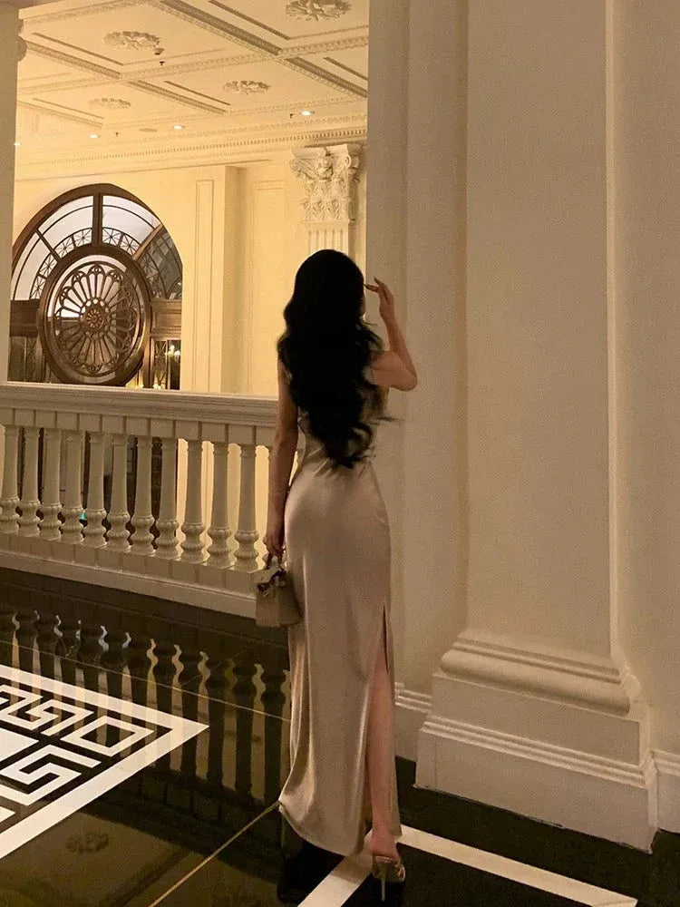 Luxe Sheath Asymmetrical-Neck Sleeveless Satin Champagne Long Prom Dress for Women Ready to Ship