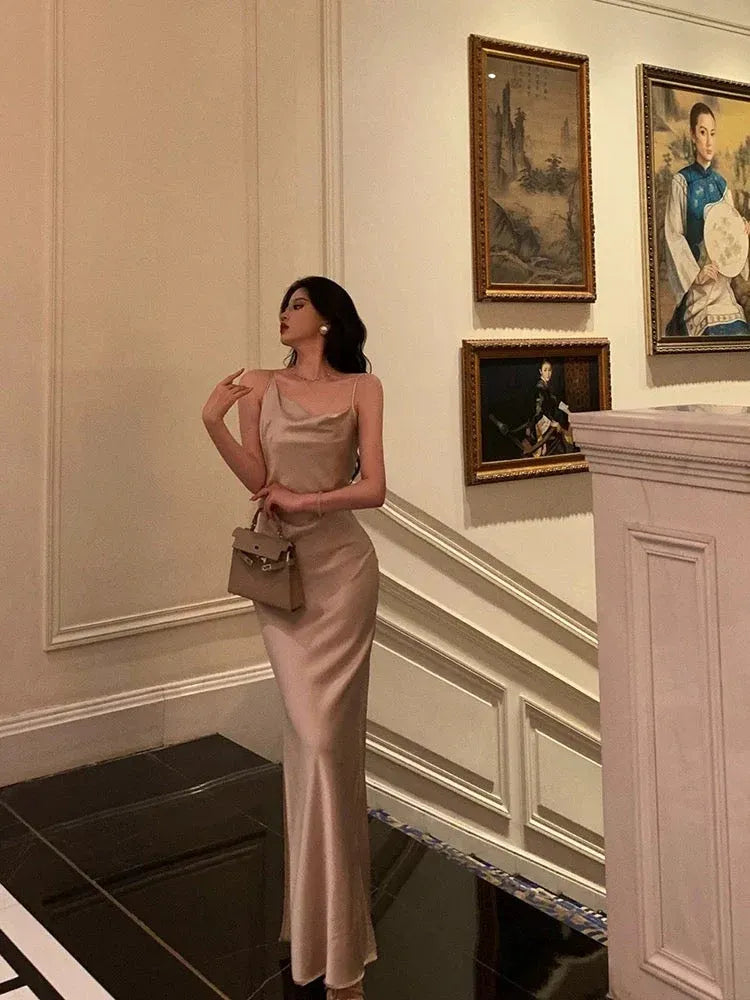 Luxe Sheath Asymmetrical-Neck Sleeveless Satin Champagne Long Prom Dress for Women Ready to Ship