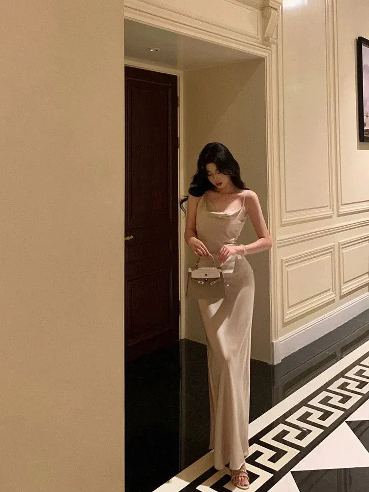 Luxe Sheath Asymmetrical-Neck Sleeveless Satin Champagne Long Prom Dress for Women Ready to Ship