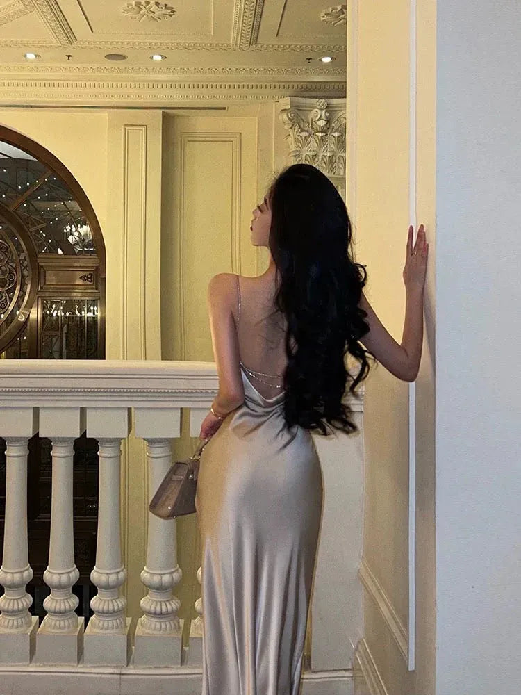 Luxe Sheath Deep V-Neck Sleeveless Beaded Champagne Long Prom Dress for Women Ready to Ship