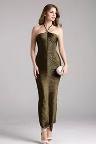 Luxe Textured Long Evening Dress Burgundy Halter-Neck Sleeveless Party Gown for Women