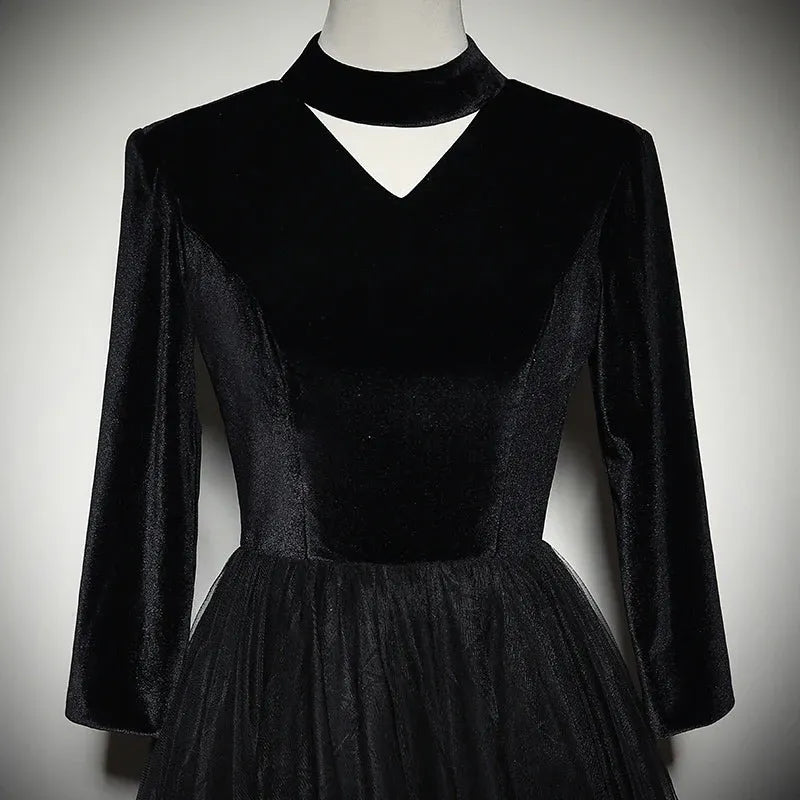 Luxe Velvet-Tulle Maxi Evening Dress Black V-Neck 3/4 Sleeves for Women