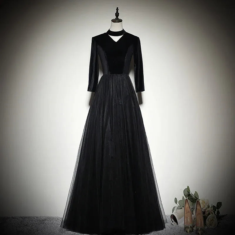 Luxe Velvet-Tulle Maxi Evening Dress Black V-Neck 3/4 Sleeves for Women