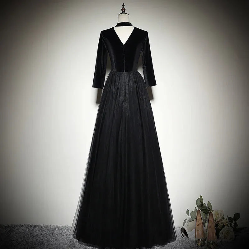 Luxe Velvet-Tulle Maxi Evening Dress Black V-Neck 3/4 Sleeves for Women
