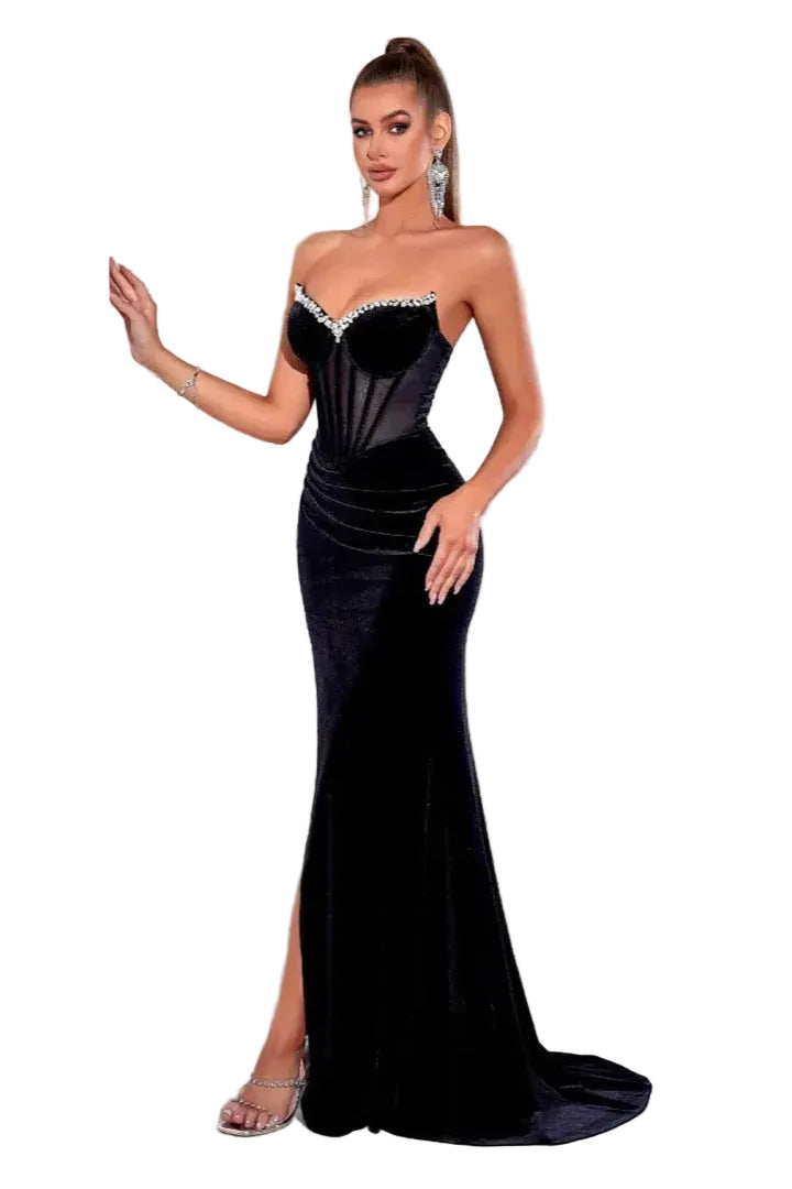 Luxe Velvet Long Evening Dress Black Sweetheart Neck Strapless for Women