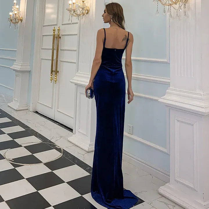 Luxe Velvet Long Evening Dress Royal Blue Sweetheart Spaghetti Strap for Women