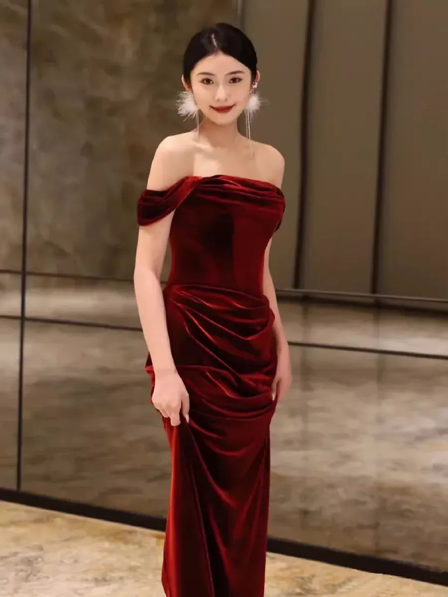 Luxe Velvet Maxi Evening Dress Burgundy Off-Shoulder Ruched for Women