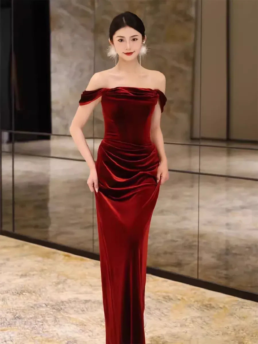 Luxe Velvet Maxi Evening Dress Burgundy Off-Shoulder Ruched for Women