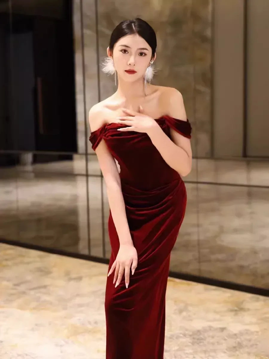 Luxe Velvet Maxi Evening Dress Burgundy Off-Shoulder Ruched for Women