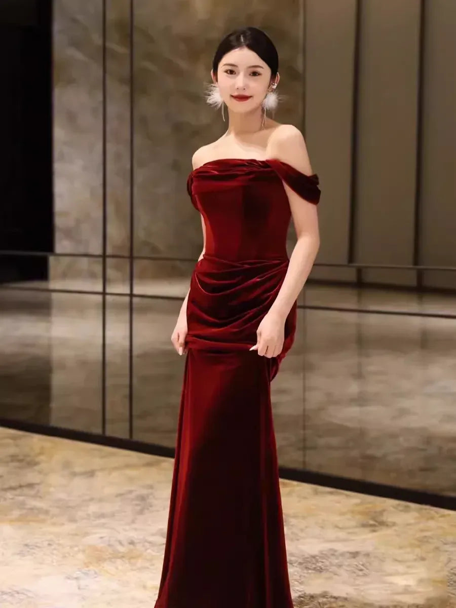 Luxe Velvet Maxi Evening Dress Burgundy Off-Shoulder Ruched for Women