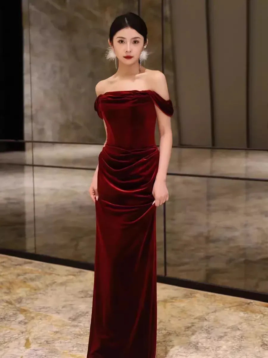 Luxe Velvet Maxi Evening Dress Burgundy Off-Shoulder Ruched for Women