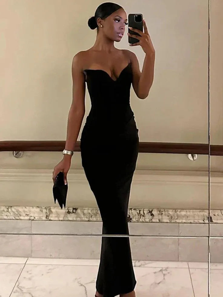 Luxe Velvet Midi Evening Dress Black Sweetheart Strapless for Women