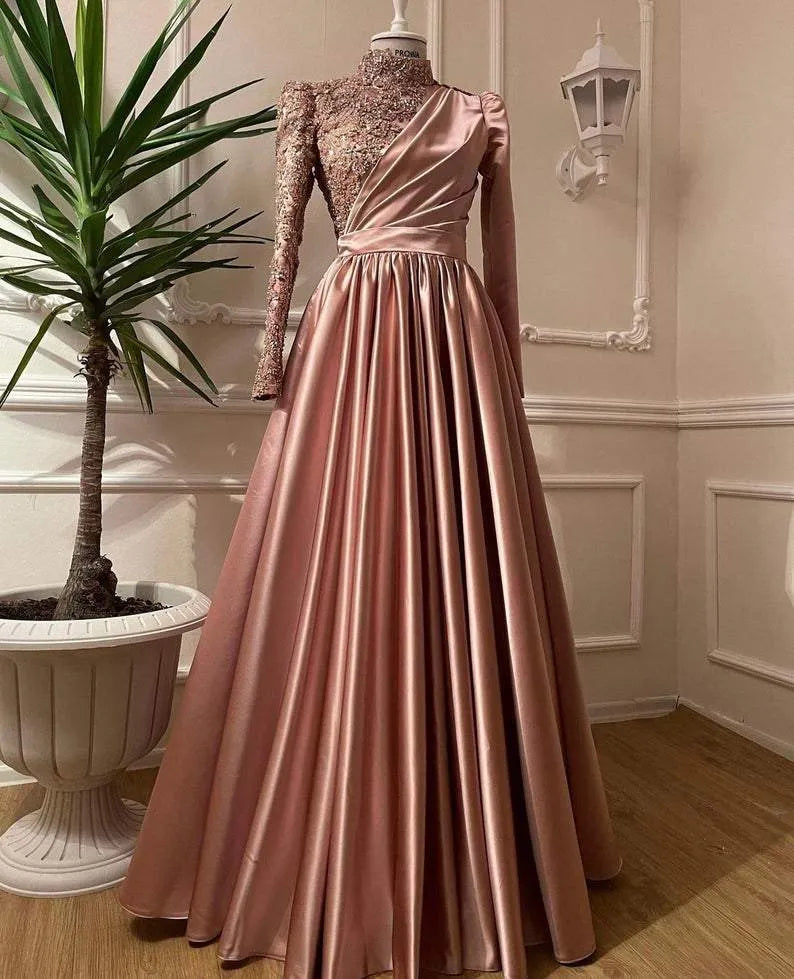 Luxurious A-Line High-Neck Lace-Embellished Rose Gold Maxi Prom Dress for Women ready to ship