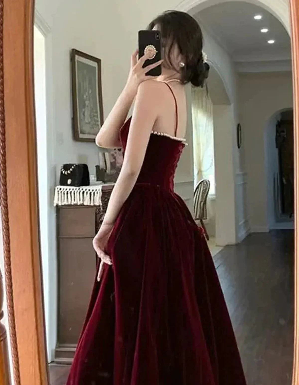 Luxurious A-line Sweetheart Neck Sleeveless Pearl-embellished Burgundy Maxi Prom Dress for Women Ready to Ship