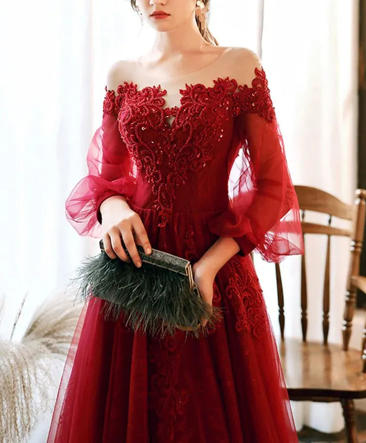 Luxurious Ballgown Off-Shoulder Long-Sleeve Lace-Embellished Tulle Burgundy Maxi Evening Dress for Women
