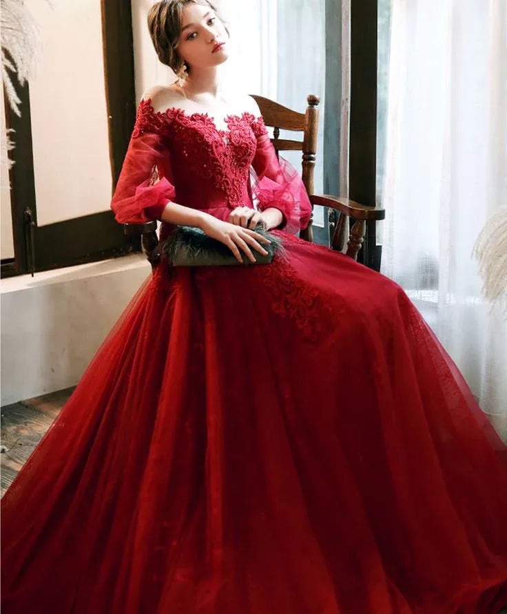 Luxurious Ballgown Off-Shoulder Long-Sleeve Lace-Embellished Tulle Burgundy Maxi Evening Dress for Women