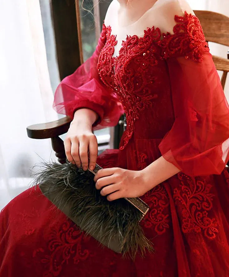 Luxurious Ballgown Off-Shoulder Long-Sleeve Lace-Embellished Tulle Burgundy Maxi Evening Dress for Women