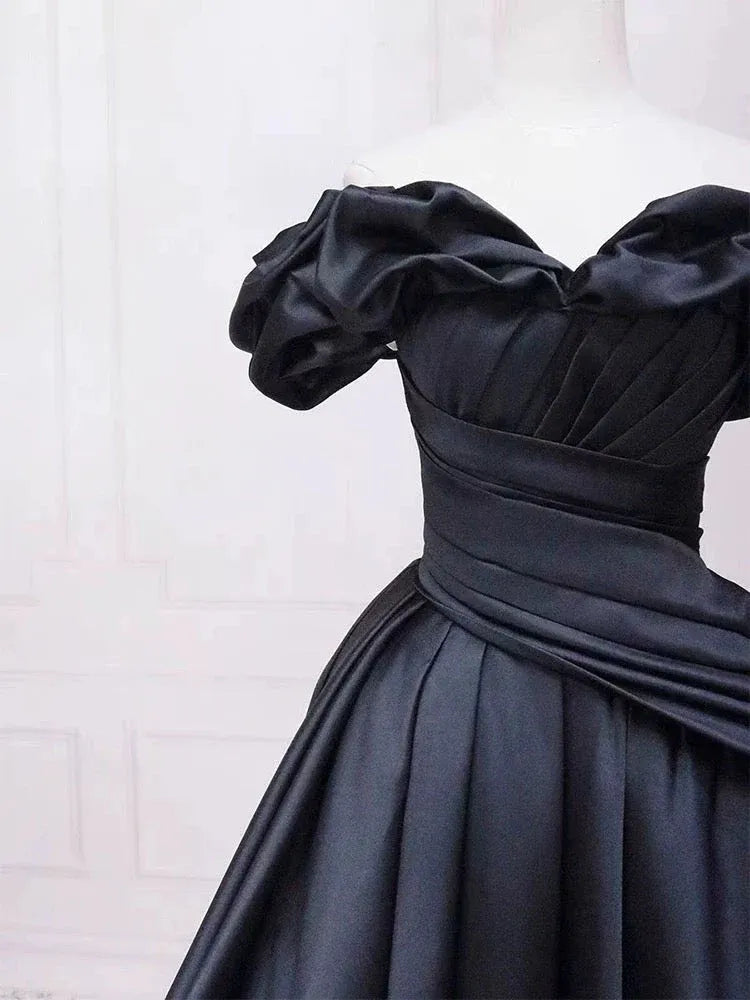Luxurious Ballgown Off-Shoulder Puff-Sleeve Ruched Black Long Prom Dress for Women Ready to Ship