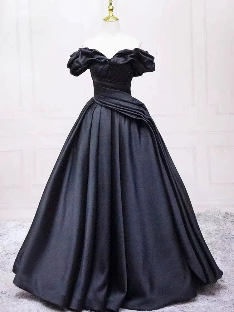 Luxurious Ballgown Off-Shoulder Puff-Sleeve Ruched Black Long Prom Dress for Women Ready to Ship