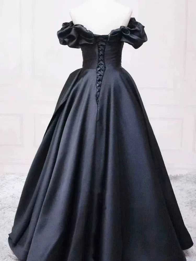 Luxurious Ballgown Off-Shoulder Puff-Sleeve Ruched Black Long Prom Dress for Women Ready to Ship