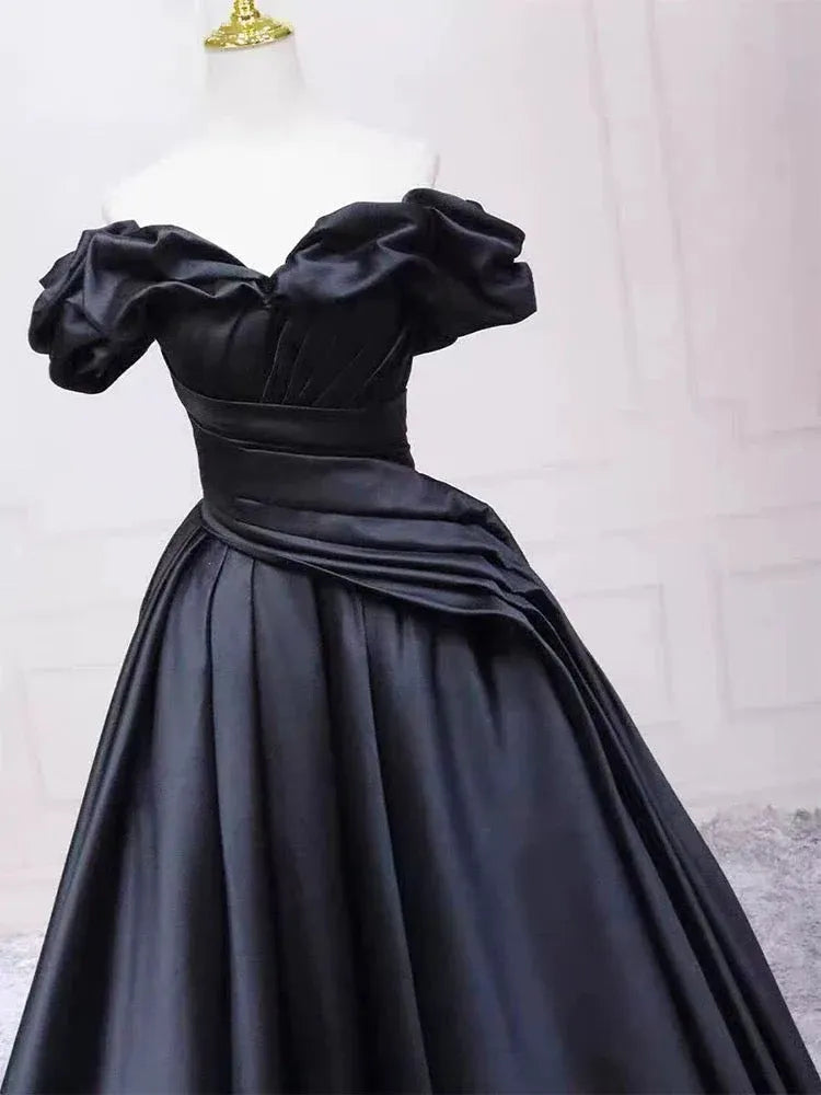 Luxurious Ballgown Off-Shoulder Puff-Sleeve Ruched Black Long Prom Dress for Women Ready to Ship