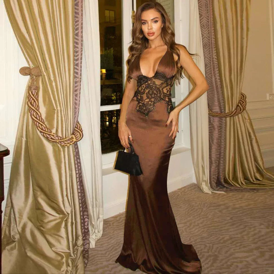 Luxurious Mermaid Halter Neck Sleeveless Lace Chocolate Brown Maxi Prom Dress for Women Custom