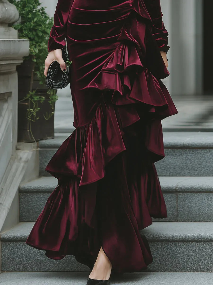 Luxurious Mermaid High Neck Long Sleeve Ruffle Burgundy Long Prom Dresses