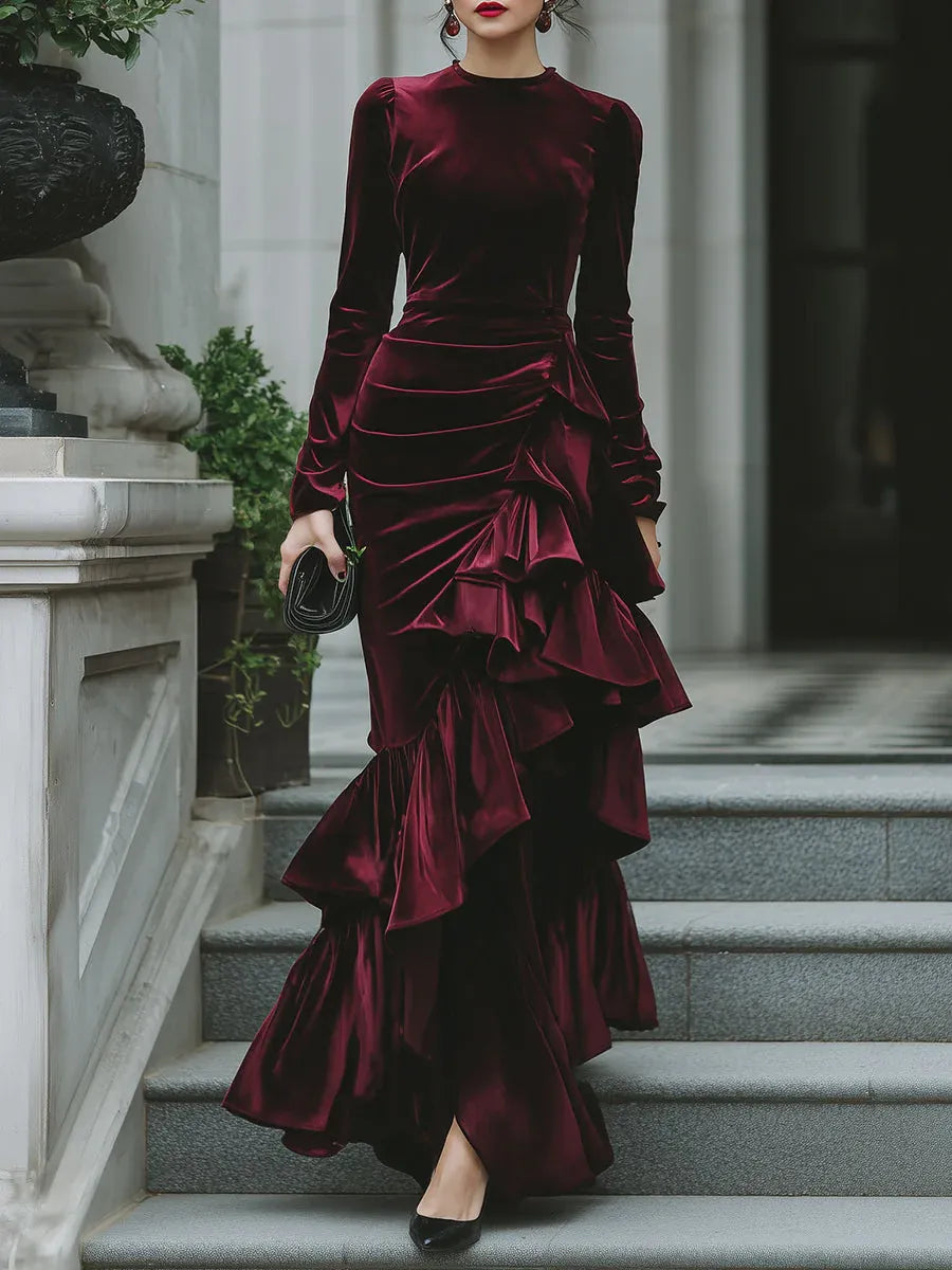 Luxurious Mermaid High Neck Long Sleeve Ruffle Burgundy Long Prom Dresses