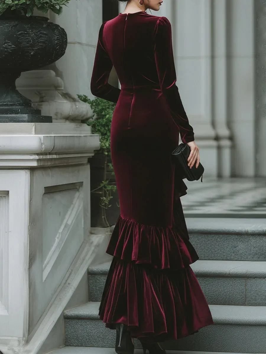 Luxurious Mermaid High Neck Long Sleeve Ruffle Burgundy Long Prom Dresses