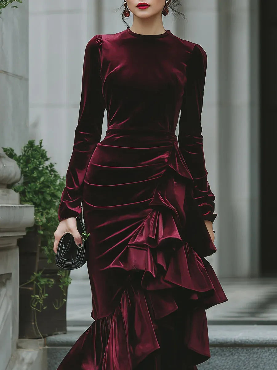 Luxurious Mermaid High Neck Long Sleeve Ruffle Burgundy Long Prom Dresses
