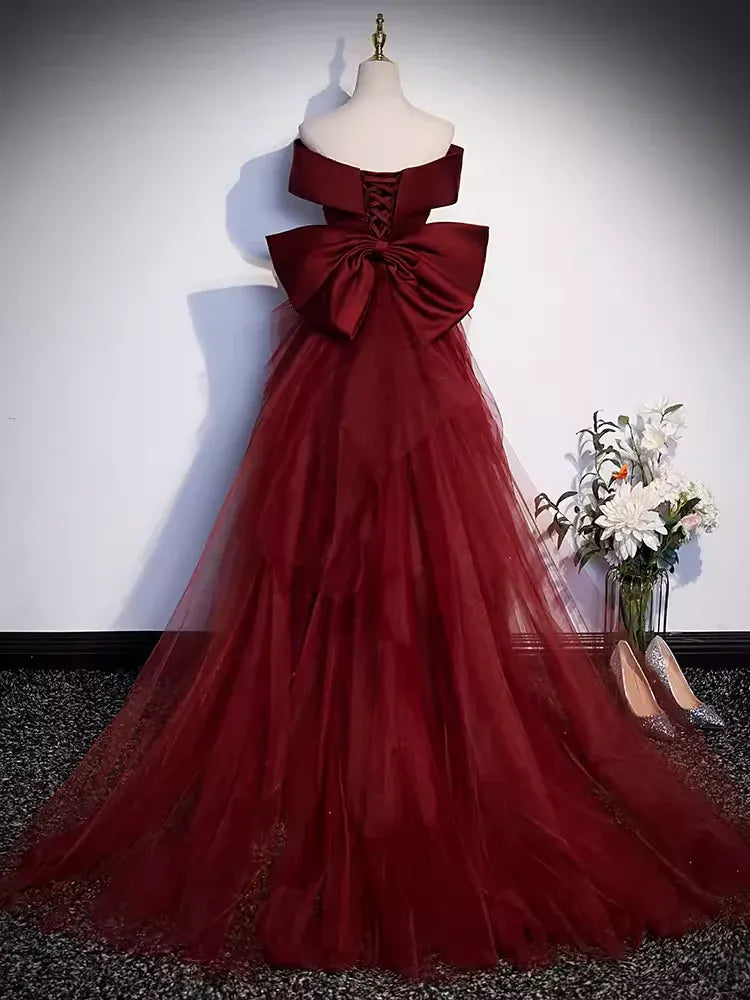 Luxurious Mermaid Off-Shoulder Bow-Accented Burgundy Maxi Prom Dress for Women Custom