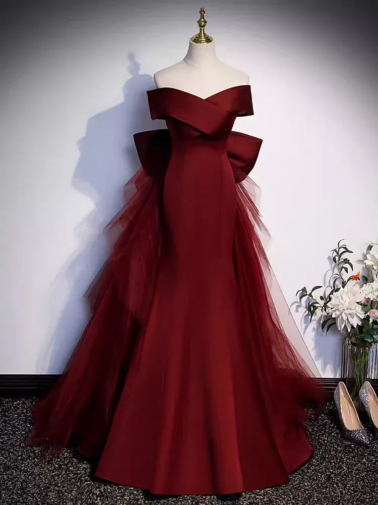 Luxurious Mermaid Off-Shoulder Bow-Accented Burgundy Maxi Prom Dress for Women Custom