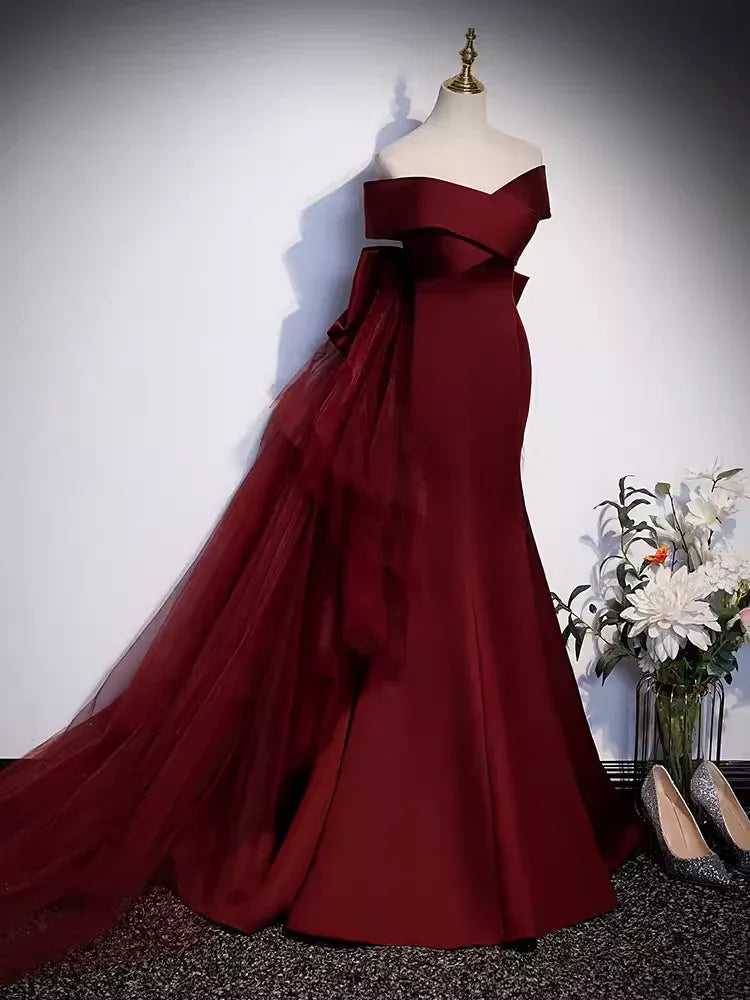 Luxurious Mermaid Off-Shoulder Bow-Accented Burgundy Maxi Prom Dress for Women Custom