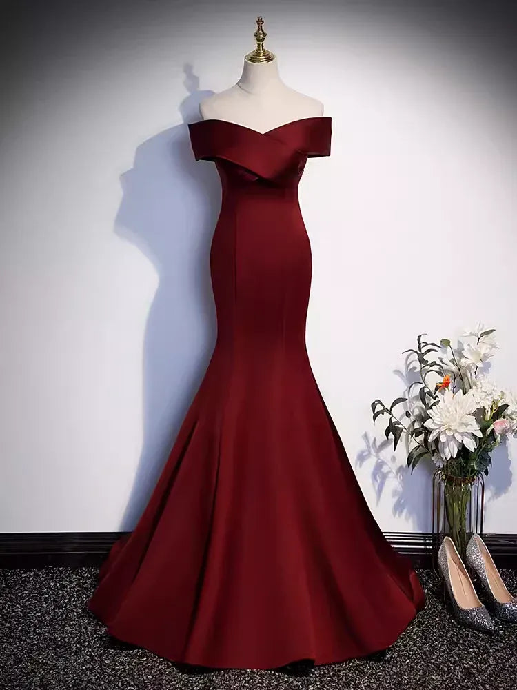 Luxurious Mermaid Off-Shoulder Bow-Accented Burgundy Maxi Prom Dress for Women Custom