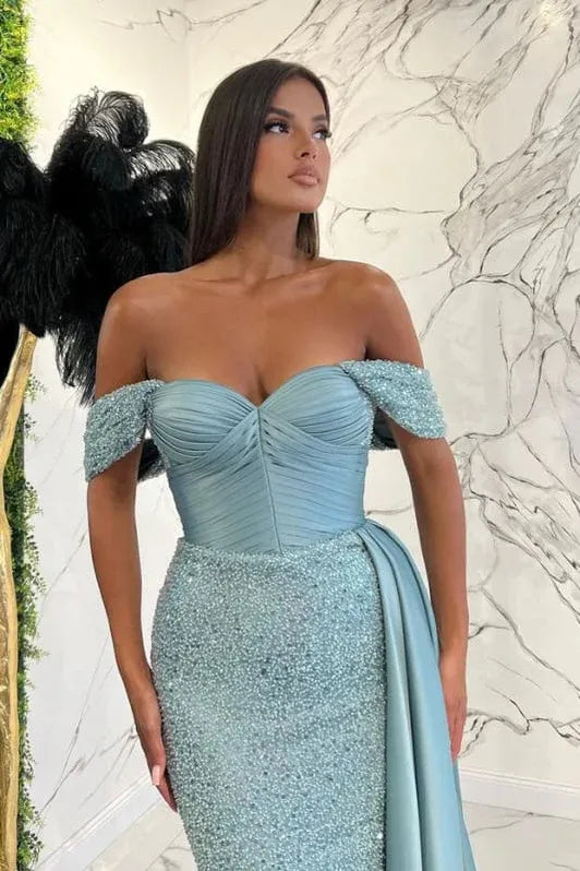 Luxurious Mermaid Off-the-Shoulder Sequins Satin Sky Blue Floor Length Evening Dresses